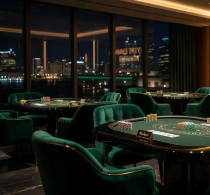 Premium Australian card room with poker tables and cinematic lighting
