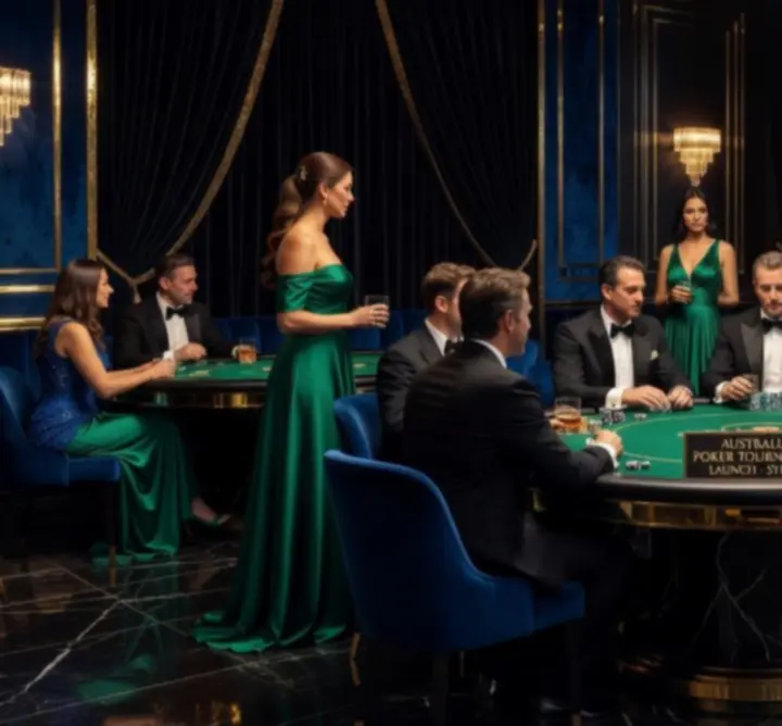 Australian poker event with players seated at a premium card table in a cinematic venue lighting.