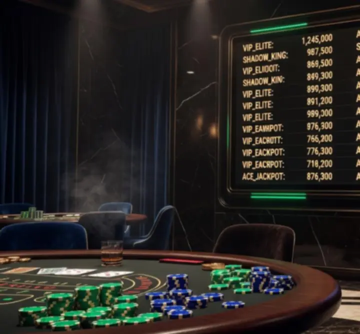 Leaderboard screen glowing above an Australian poker table with chips and cards.