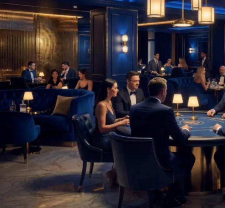 Upscale poker venue interior with cinematic lighting