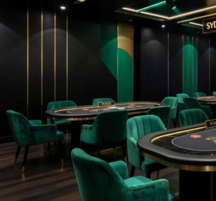 Premium Australian gaming venue with elegant card tables, moody lighting, and social seating.
